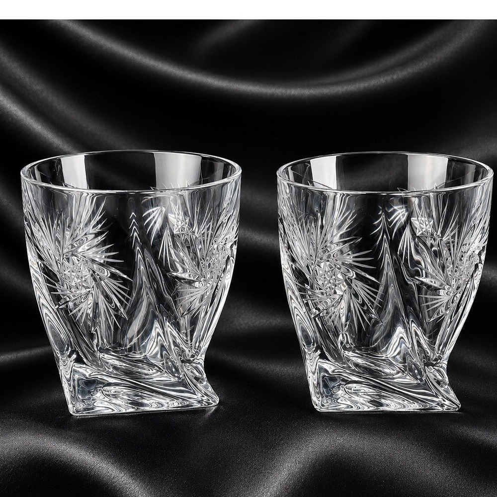 Mikasa Motion Cut Glass Whiskey Glass Set 2 Twisted Pinwheel Square Base 3 7/8in
